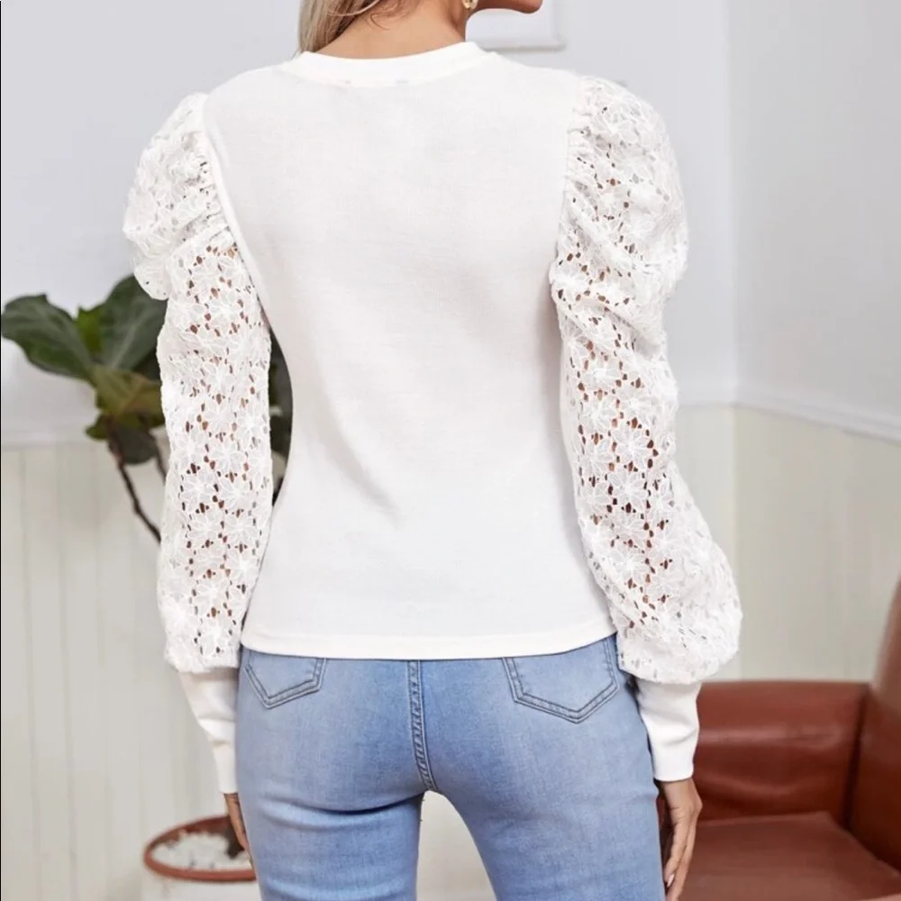 Boho Lace Puff Cuff Long Sleeve Top Blouse - Picture 3 of 11